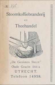 711896 Linkerdeel van een nota van [G. Ribbius Pelletier Jr.], “De Gesloten Steen , Stoomkoffiebranderij en Theehandel, ...